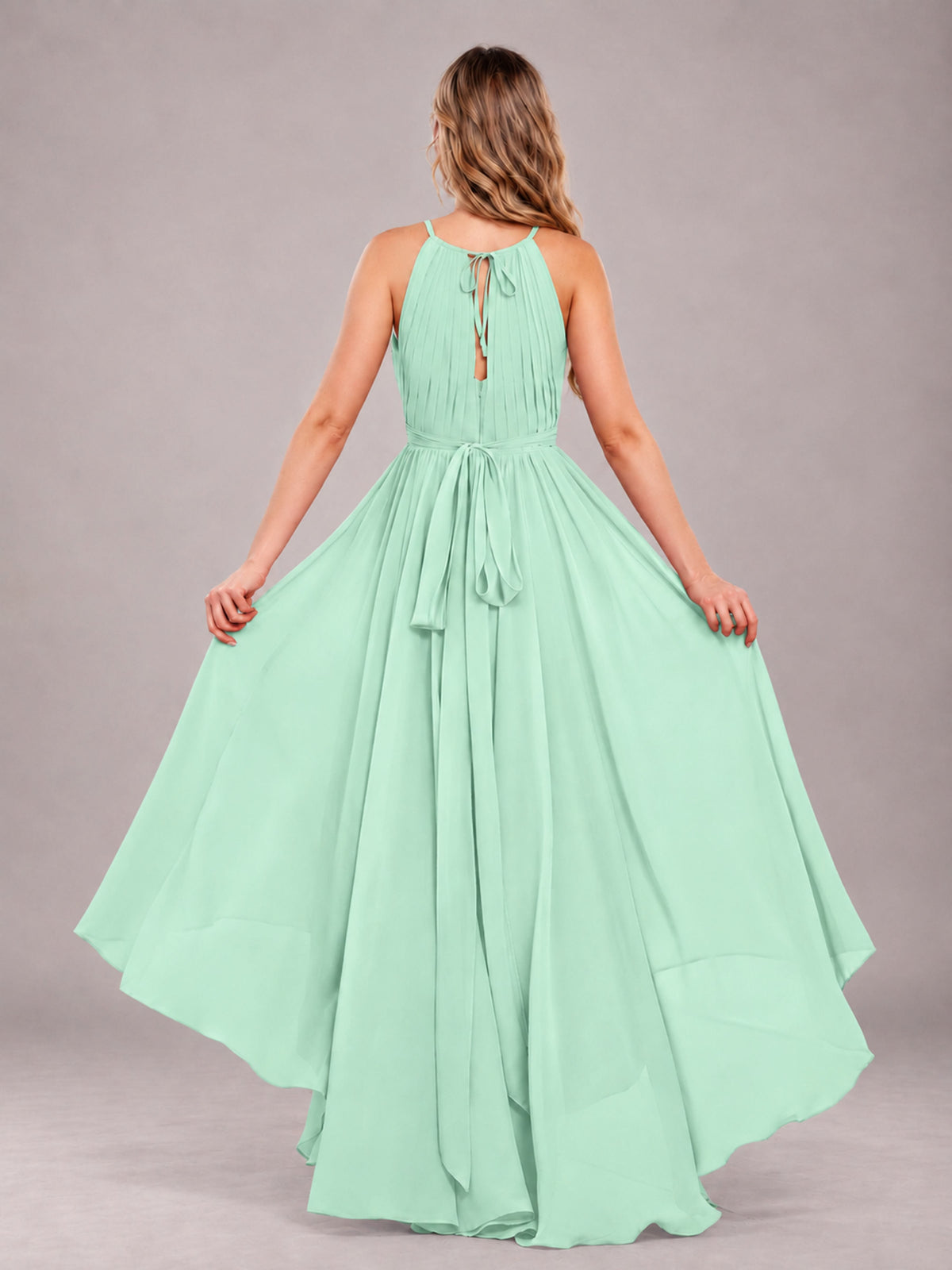 Mint Green Classy Halter Asymmetrical Bow Back Chiffon Bridesmaid Dress