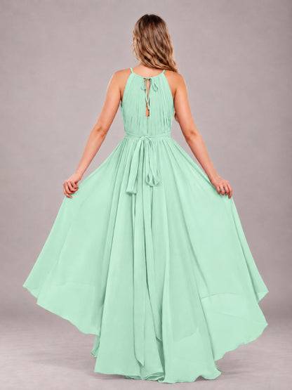 Mint Green Classy Halter Asymmetrical Bow Back Chiffon Bridesmaid Dress
