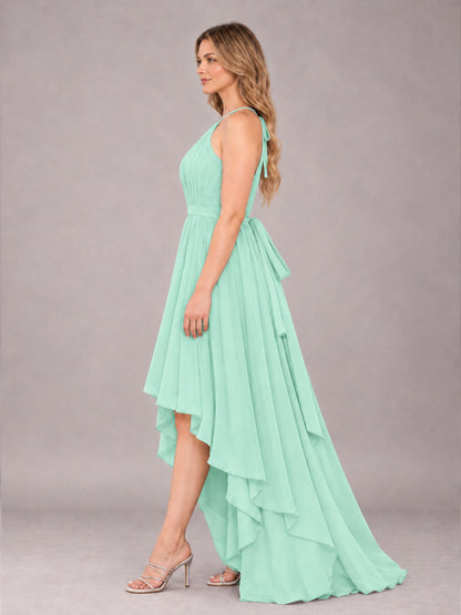 Mint Green Classy Halter Asymmetrical Bow Back Chiffon Bridesmaid Dress