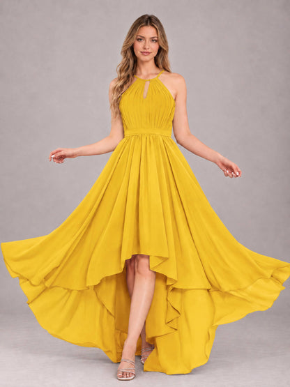 Mustard Yellow Classy Halter Asymmetrical Bow Back Chiffon Bridesmaid Dress