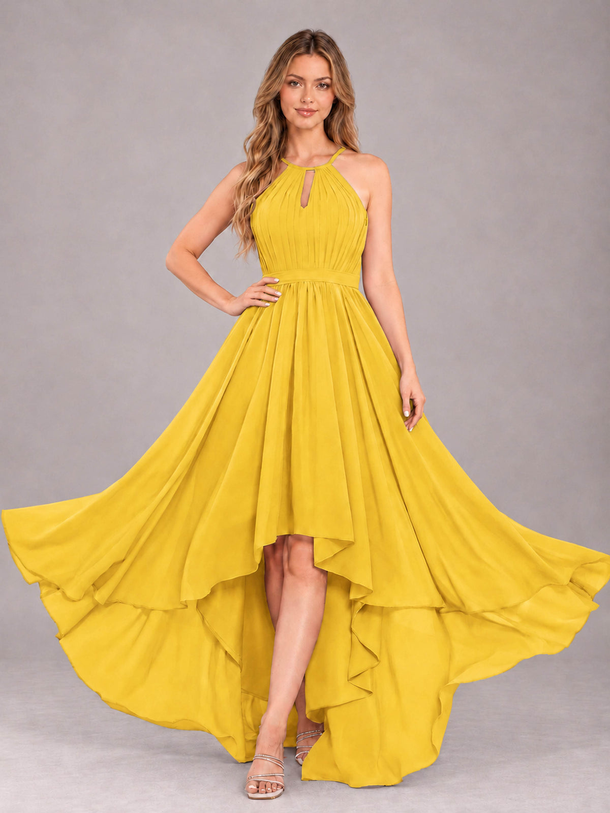 Mustard Yellow Classy Halter Asymmetrical Bow Back Chiffon Bridesmaid Dress