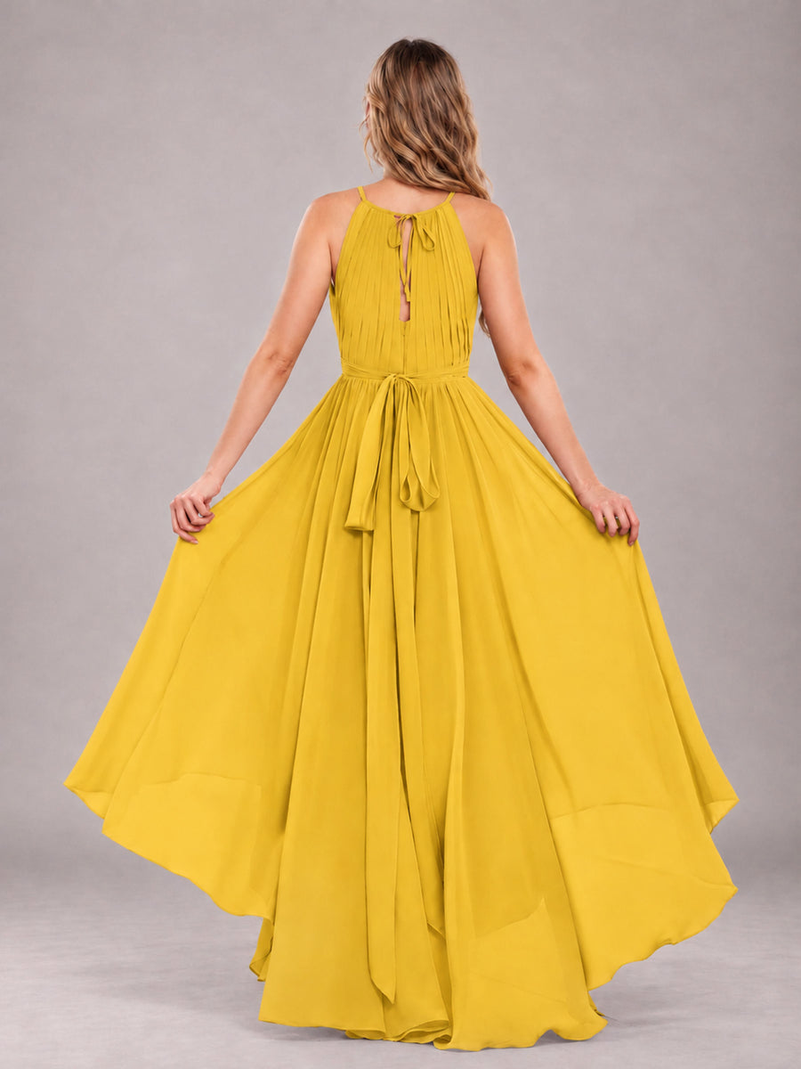Mustard Yellow Classy Halter Asymmetrical Bow Back Chiffon Bridesmaid Dress