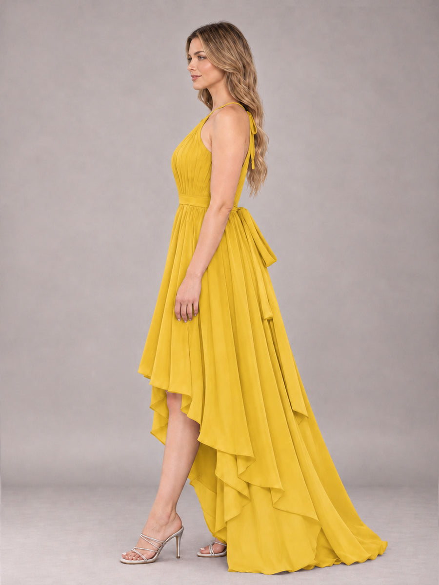 Mustard Yellow Classy Halter Asymmetrical Bow Back Chiffon Bridesmaid Dress