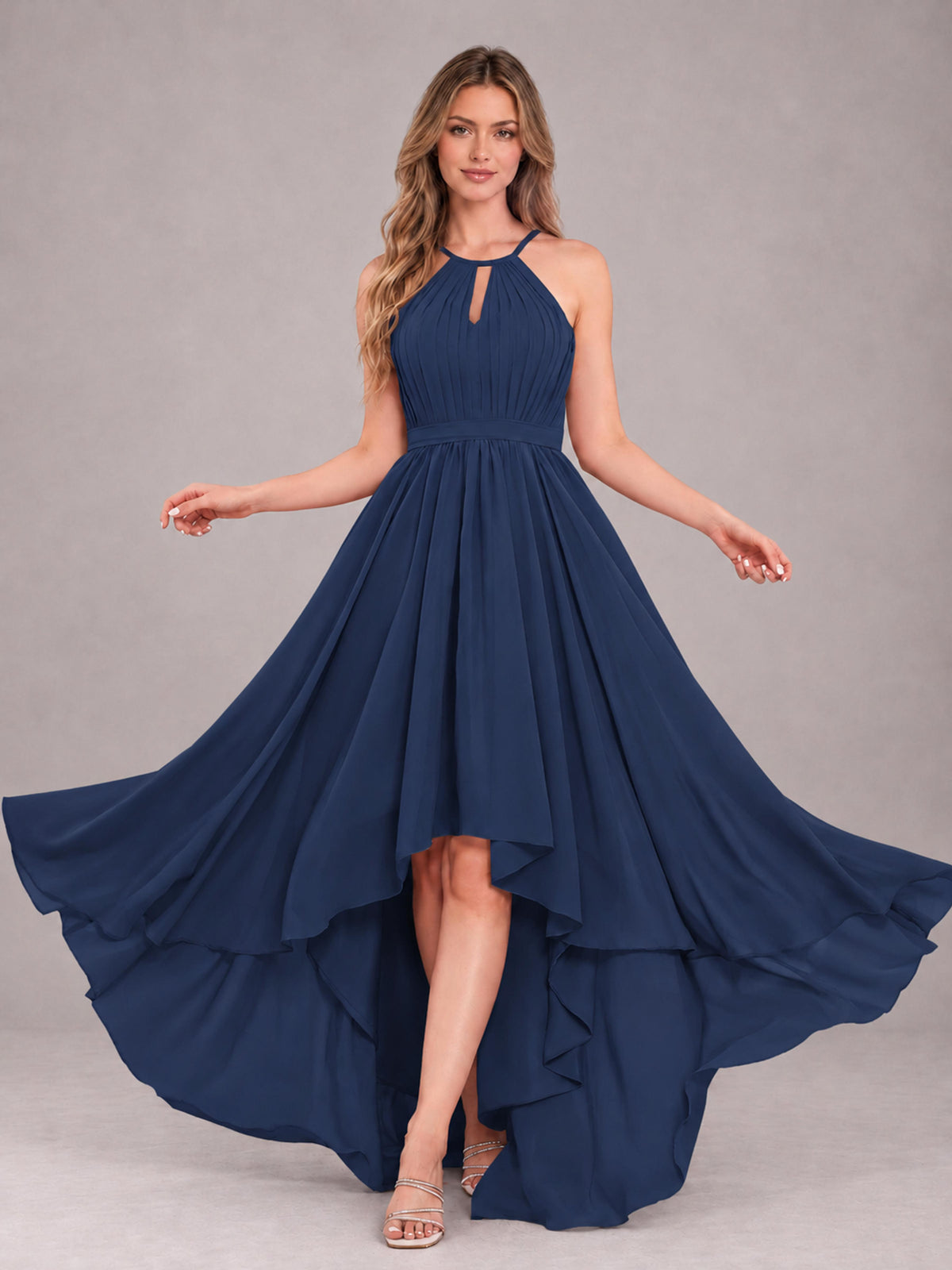 Navy Blue Classy Halter Asymmetrical Bow Back Chiffon Bridesmaid Dress