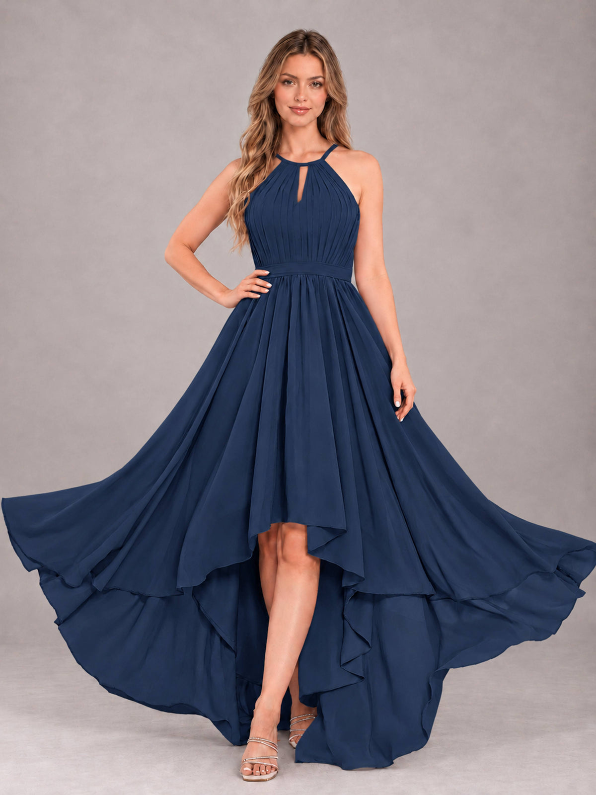 Navy Blue Classy Halter Asymmetrical Bow Back Chiffon Bridesmaid Dress