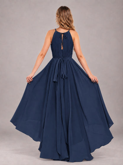 Navy Blue Classy Halter Asymmetrical Bow Back Chiffon Bridesmaid Dress