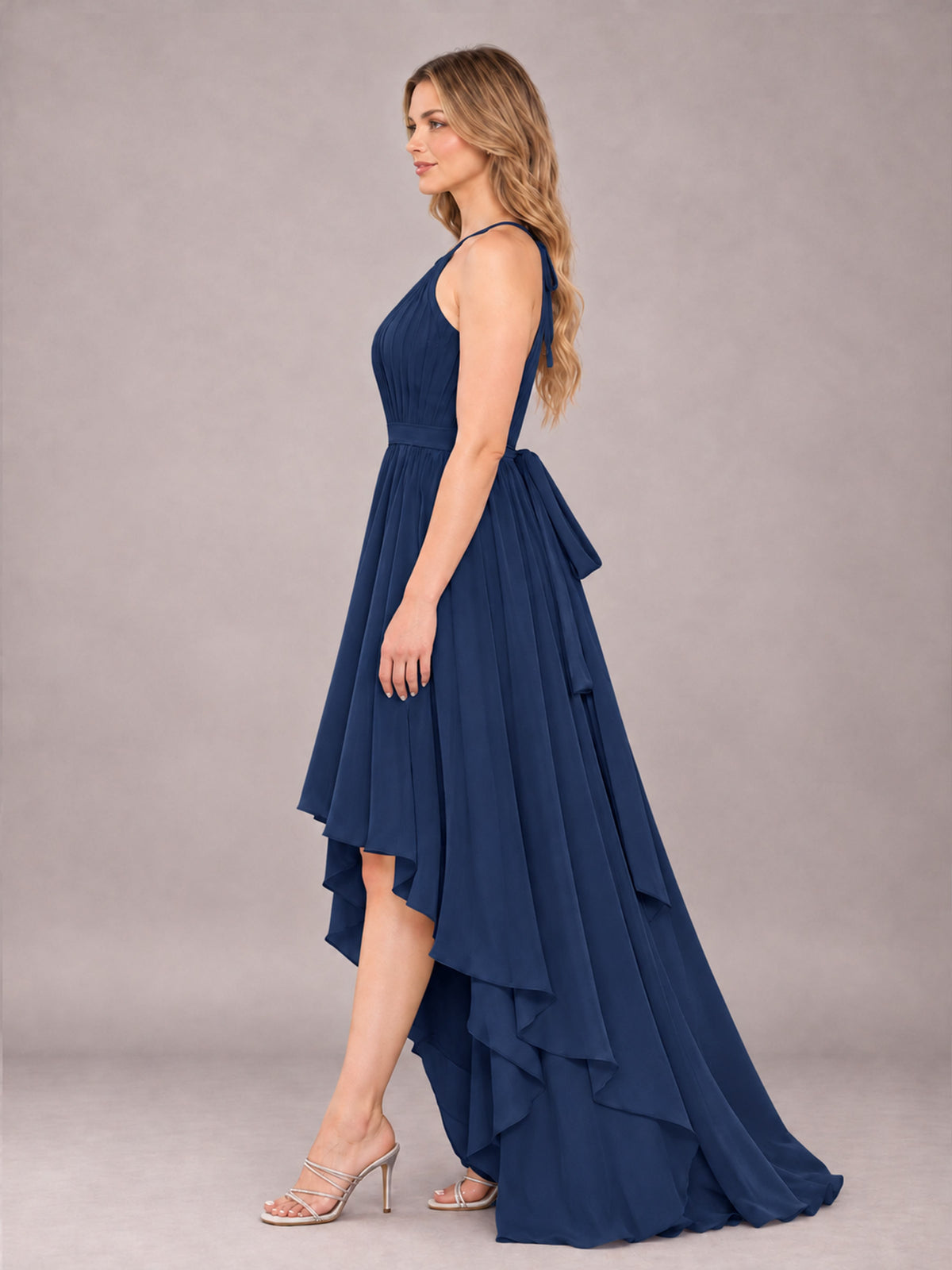 Navy Blue Classy Halter Asymmetrical Bow Back Chiffon Bridesmaid Dress