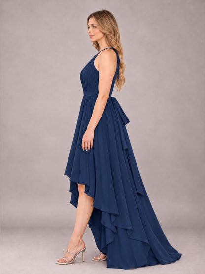 Navy Blue Classy Halter Asymmetrical Bow Back Chiffon Bridesmaid Dress