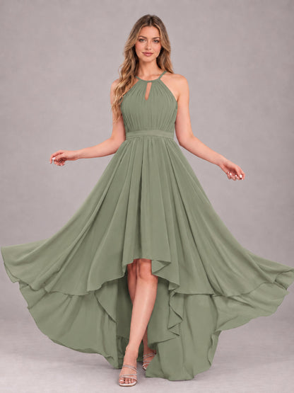 Olive Green Classy Halter Asymmetrical Bow Back Chiffon Bridesmaid Dress
