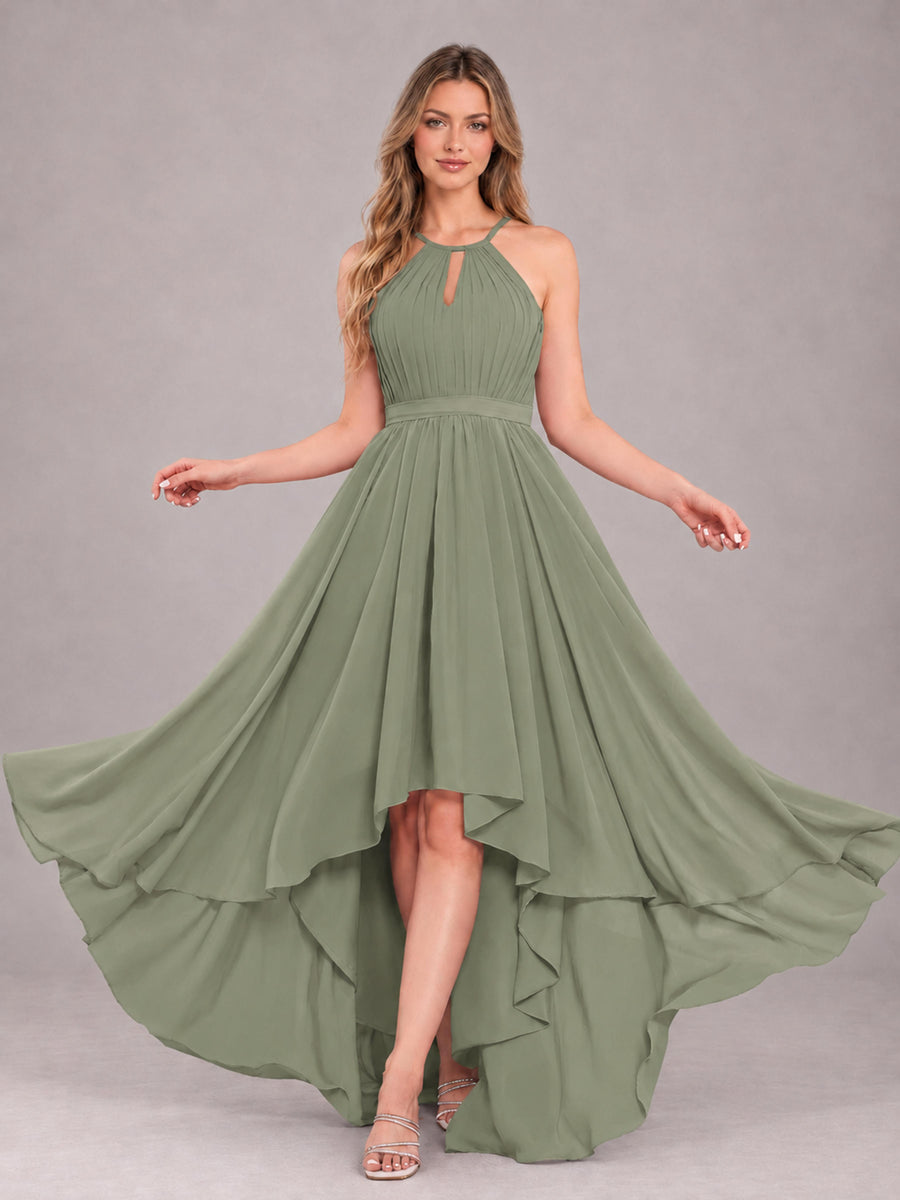Olive Green Classy Halter Asymmetrical Bow Back Chiffon Bridesmaid Dress