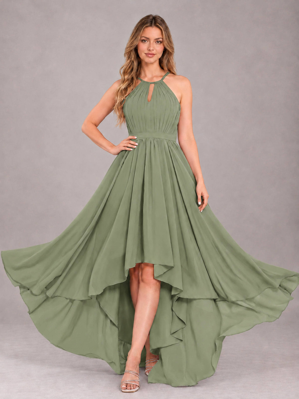 Olive Green Classy Halter Asymmetrical Bow Back Chiffon Bridesmaid Dress