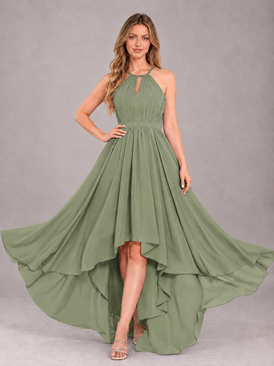 Olive Green Classy Halter Asymmetrical Bow Back Chiffon Bridesmaid Dress