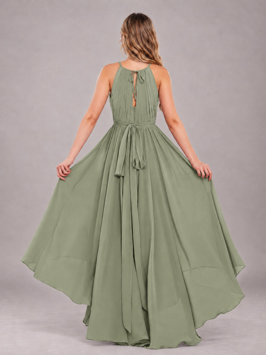 Olive Green Classy Halter Asymmetrical Bow Back Chiffon Bridesmaid Dress