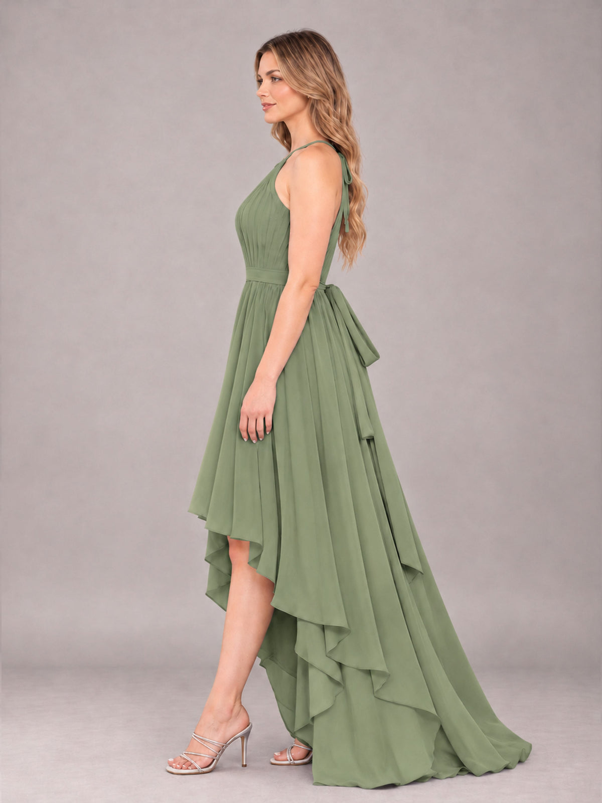 Olive Green Classy Halter Asymmetrical Bow Back Chiffon Bridesmaid Dress