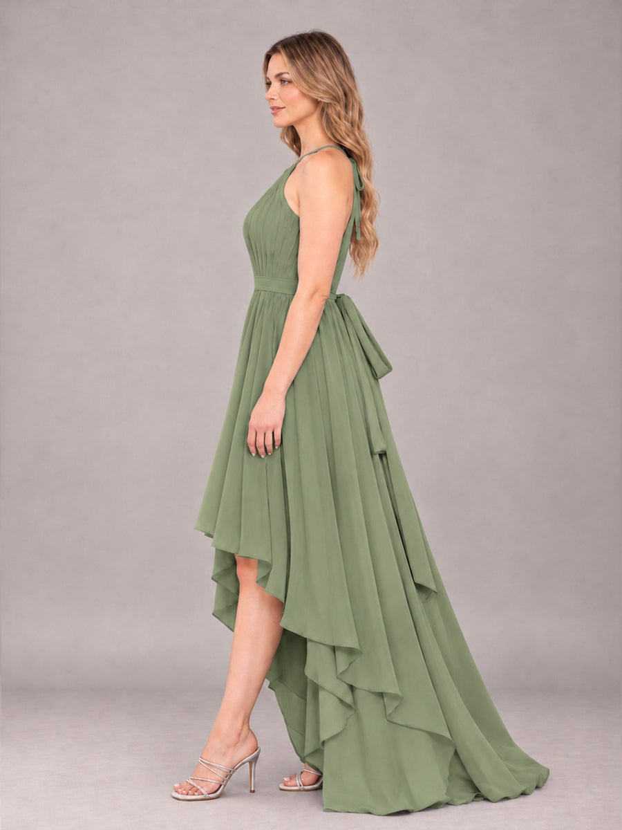 Olive Green Classy Halter Asymmetrical Bow Back Chiffon Bridesmaid Dress