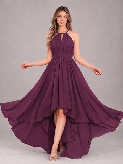 Plum Classy Halter Asymmetrical Bow Back Chiffon Bridesmaid Dress