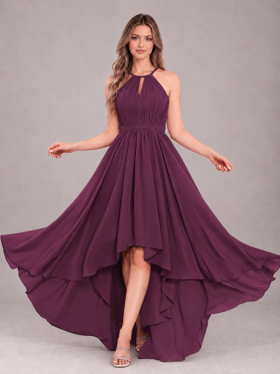 Plum Classy Halter Asymmetrical Bow Back Chiffon Bridesmaid Dress