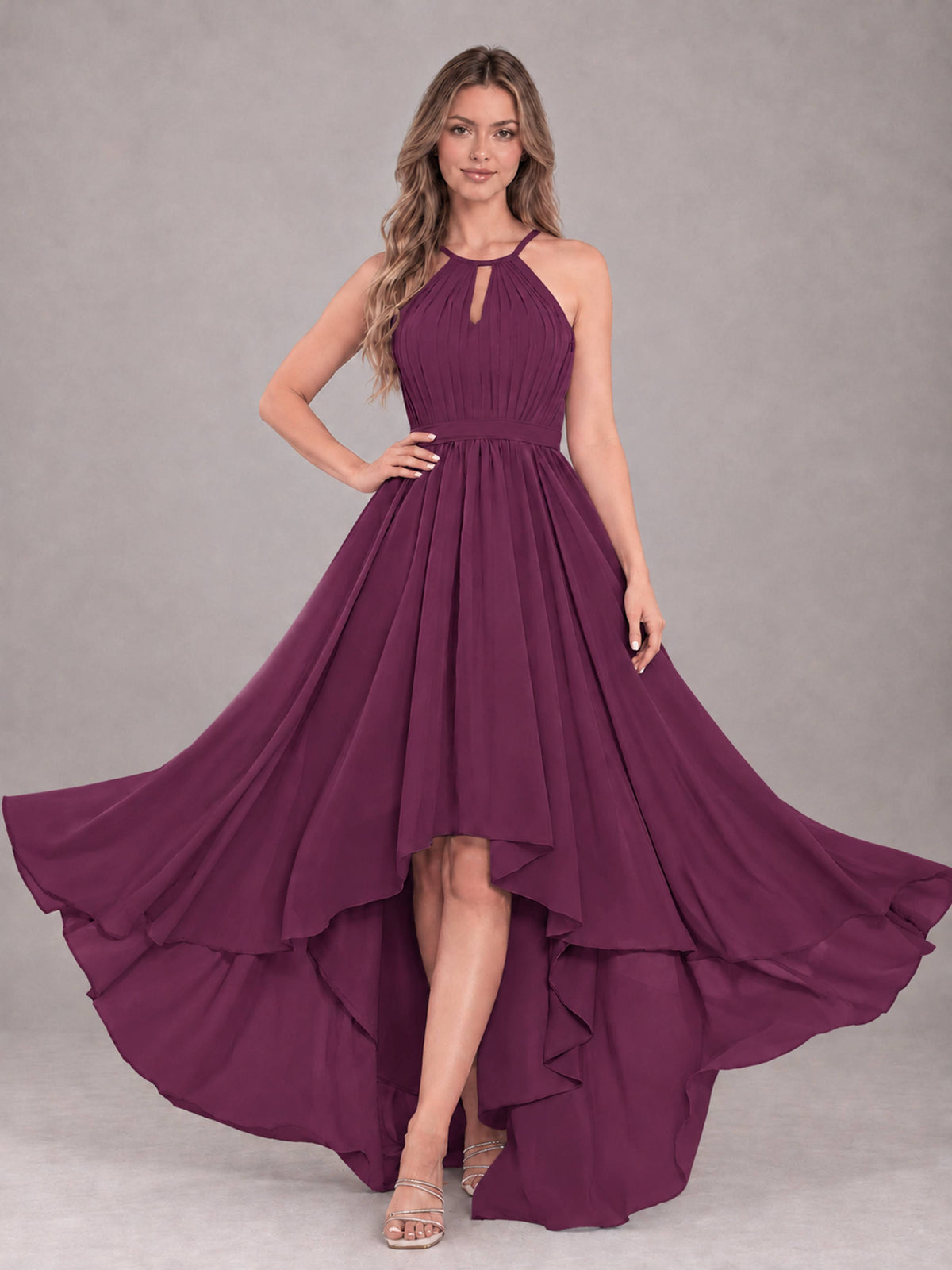 Plum Classy Halter Asymmetrical Bow Back Chiffon Bridesmaid Dress
