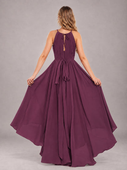 Plum Classy Halter Asymmetrical Bow Back Chiffon Bridesmaid Dress