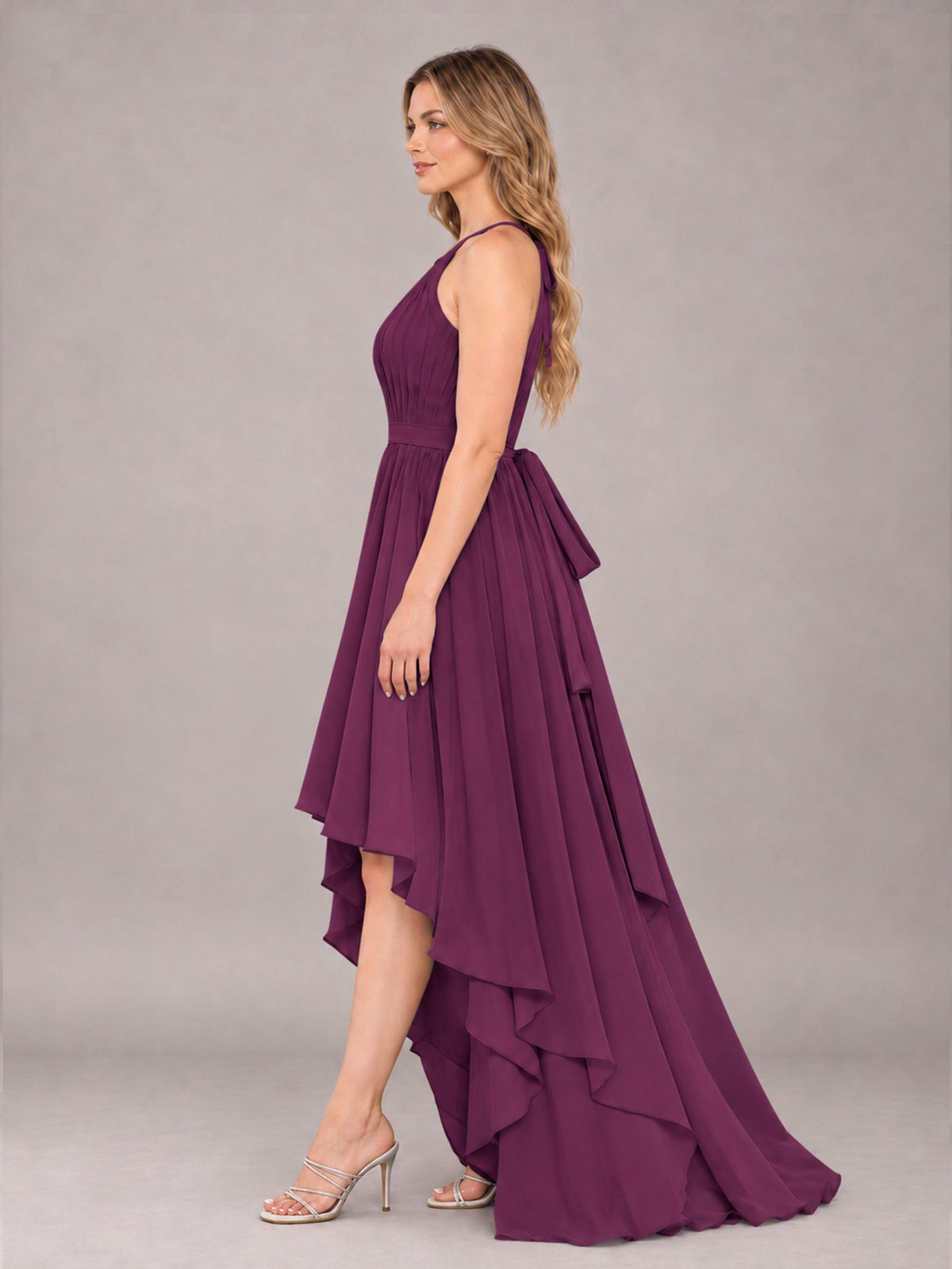 Plum Classy Halter Asymmetrical Bow Back Chiffon Bridesmaid Dress