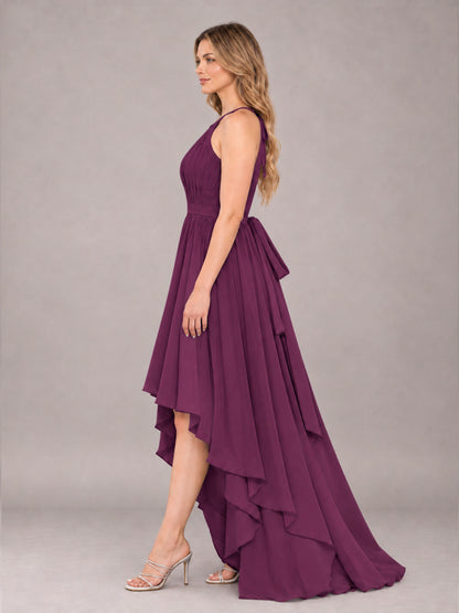 Plum Classy Halter Asymmetrical Bow Back Chiffon Bridesmaid Dress