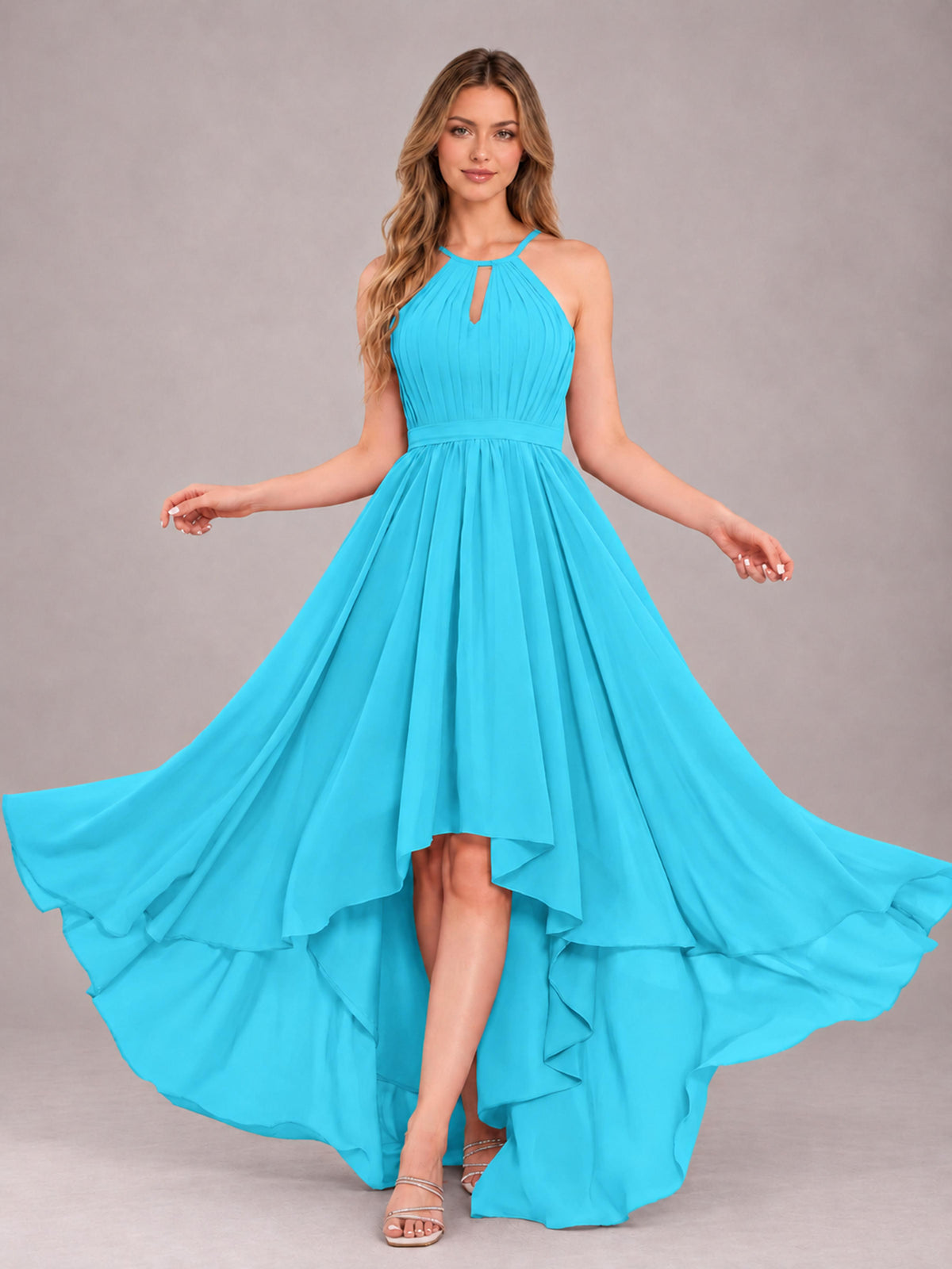 Pool Classy Halter Asymmetrical Bow Back Chiffon Bridesmaid Dress