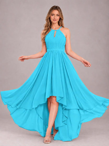 Pool Classy Halter Asymmetrical Bow Back Chiffon Bridesmaid Dress