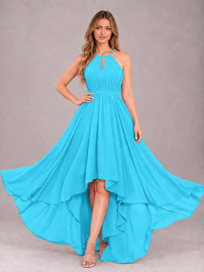 Pool Classy Halter Asymmetrical Bow Back Chiffon Bridesmaid Dress