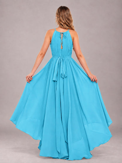 Pool Classy Halter Asymmetrical Bow Back Chiffon Bridesmaid Dress