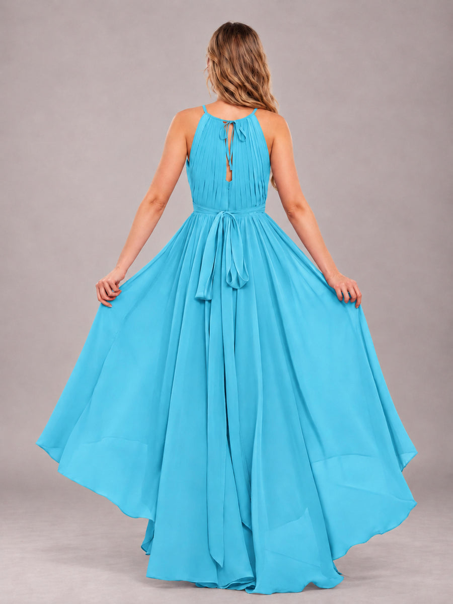 Pool Classy Halter Asymmetrical Bow Back Chiffon Bridesmaid Dress