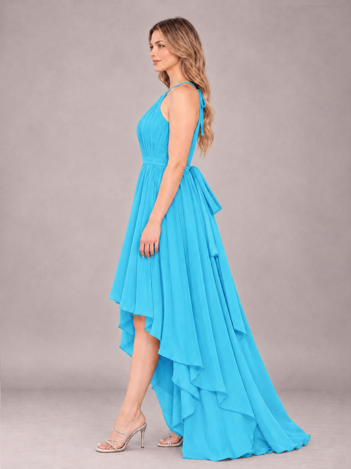 Pool Classy Halter Asymmetrical Bow Back Chiffon Bridesmaid Dress
