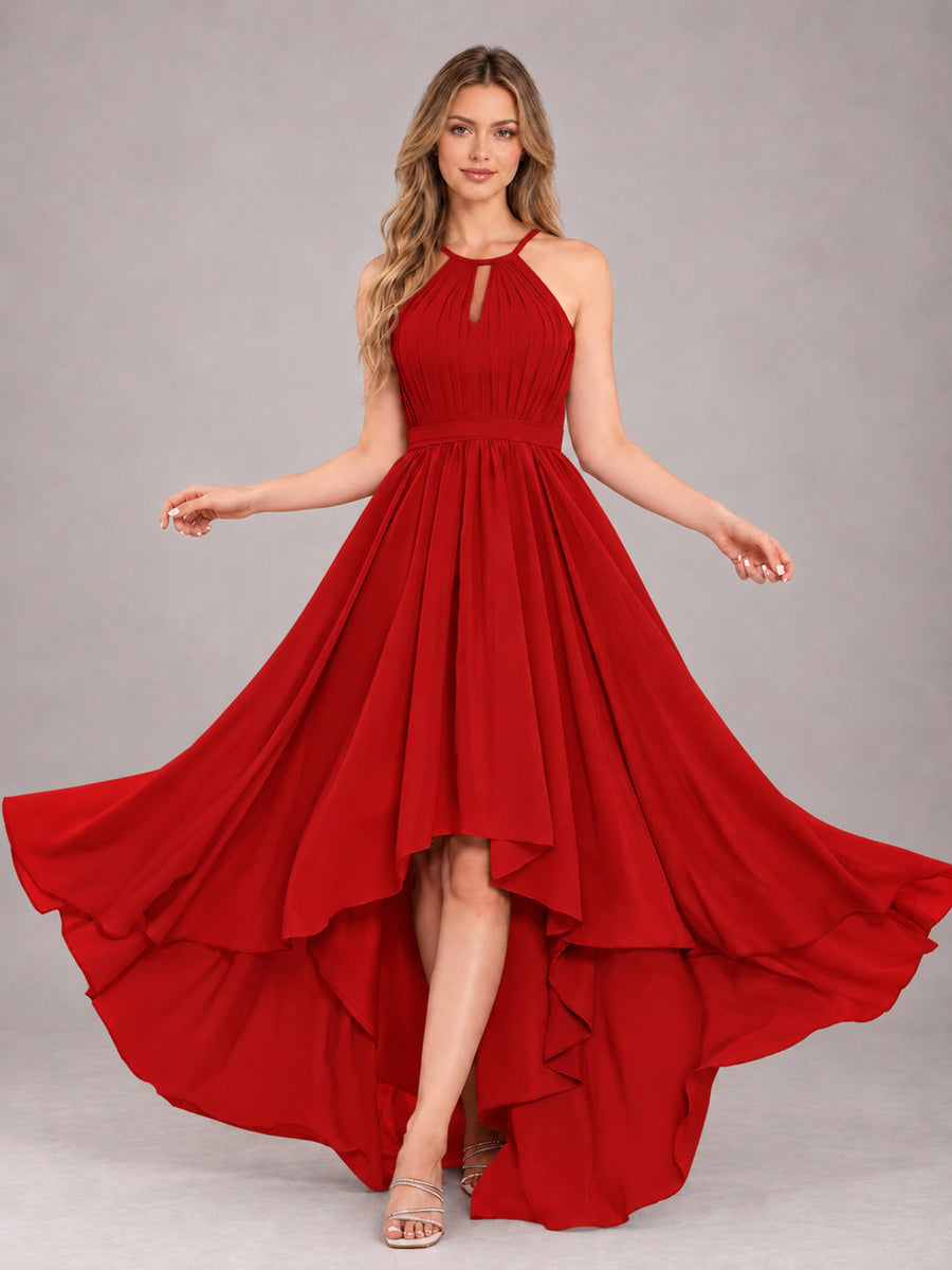 Red Classy Halter Asymmetrical Bow Back Chiffon Bridesmaid Dress
