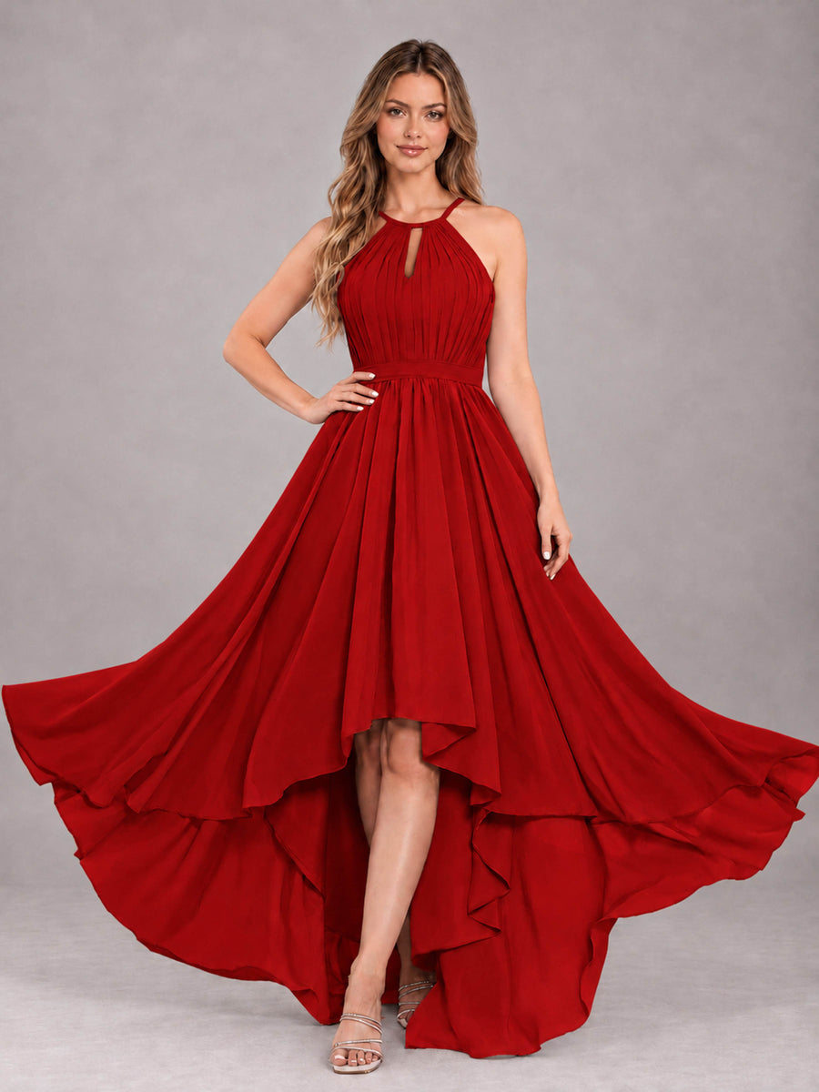 Red Classy Halter Asymmetrical Bow Back Chiffon Bridesmaid Dress