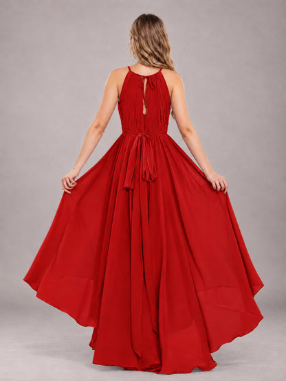 Red Classy Halter Asymmetrical Bow Back Chiffon Bridesmaid Dress