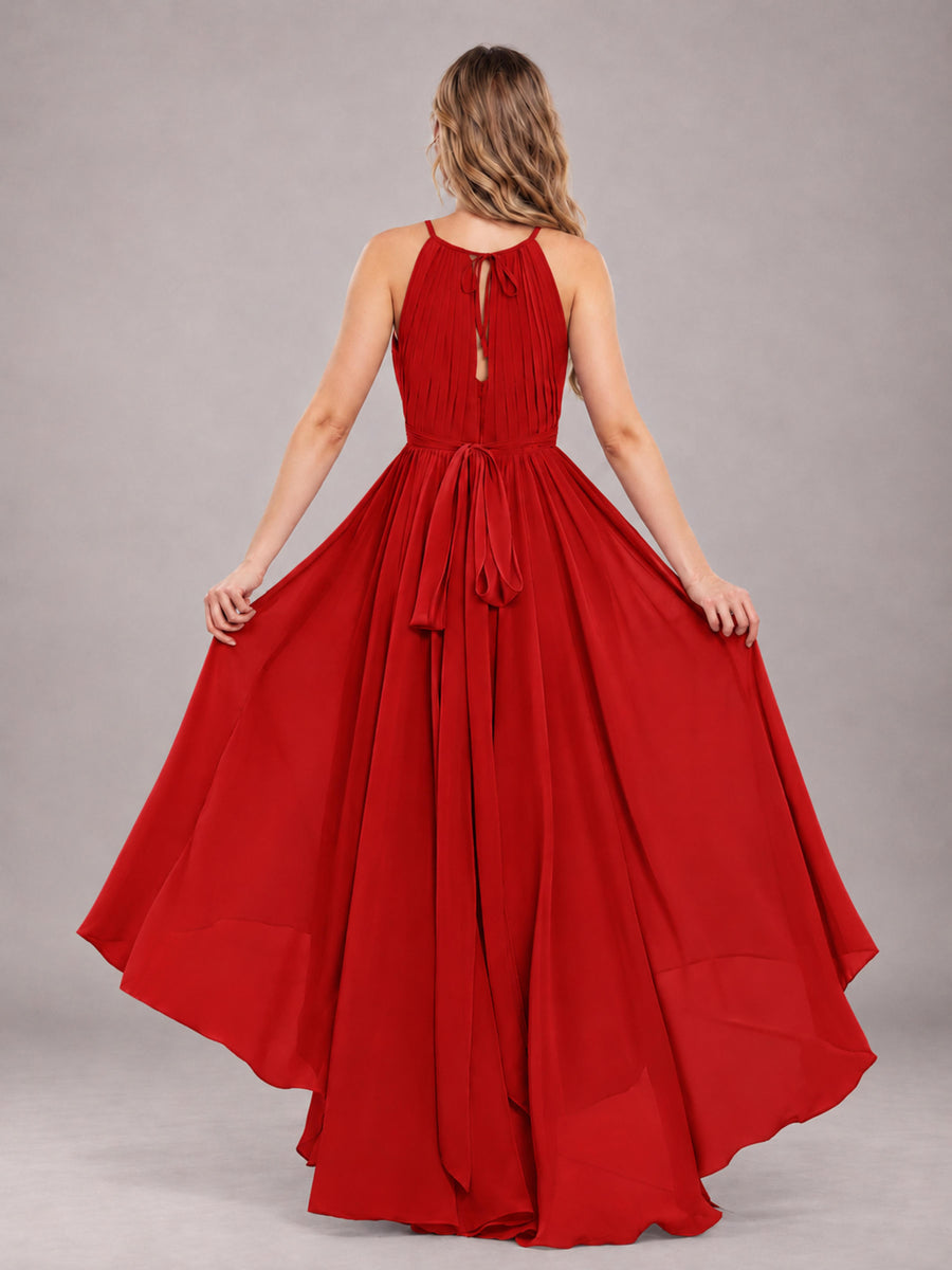 Red Classy Halter Asymmetrical Bow Back Chiffon Bridesmaid Dress