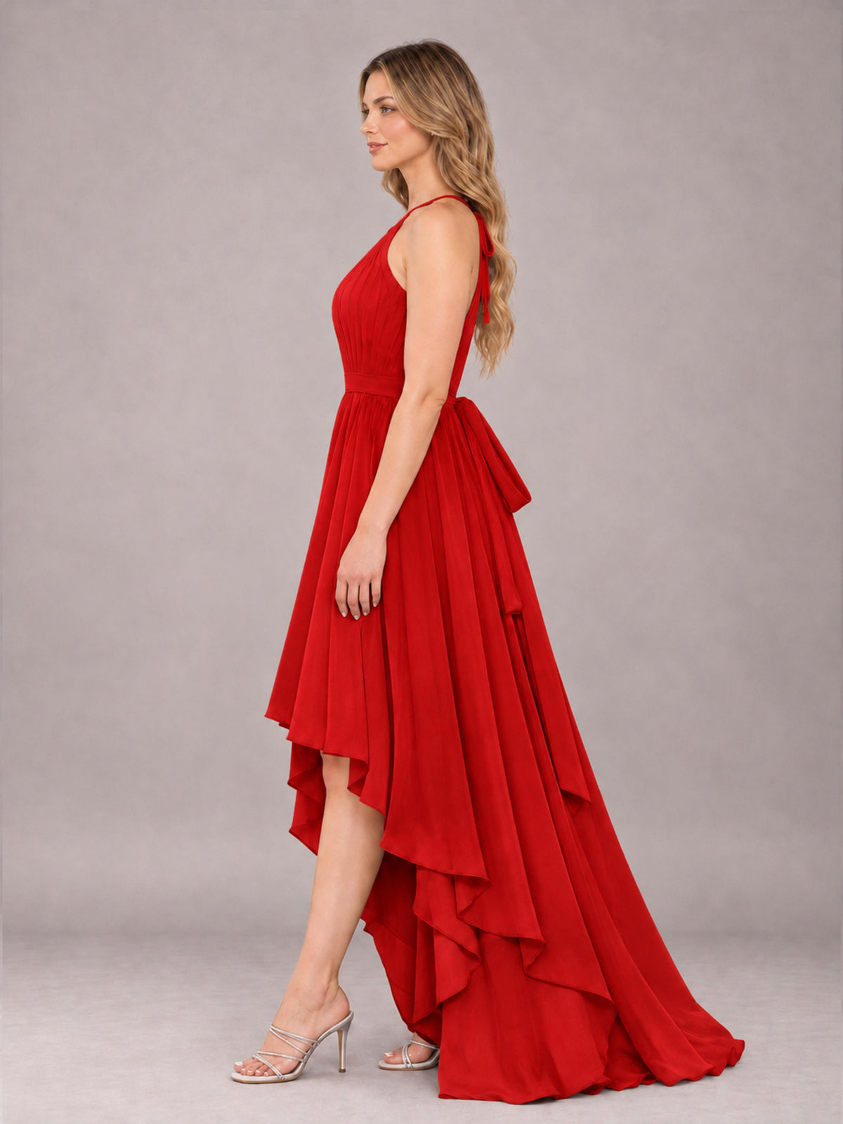 Red Classy Halter Asymmetrical Bow Back Chiffon Bridesmaid Dress
