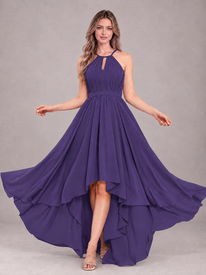 Regency Classy Halter Asymmetrical Bow Back Chiffon Bridesmaid Dress