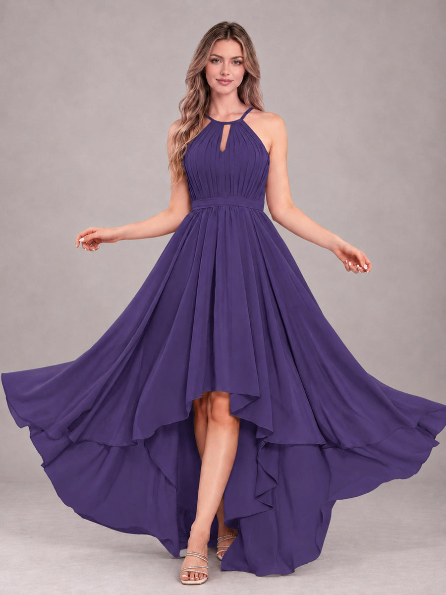 Regency Classy Halter Asymmetrical Bow Back Chiffon Bridesmaid Dress