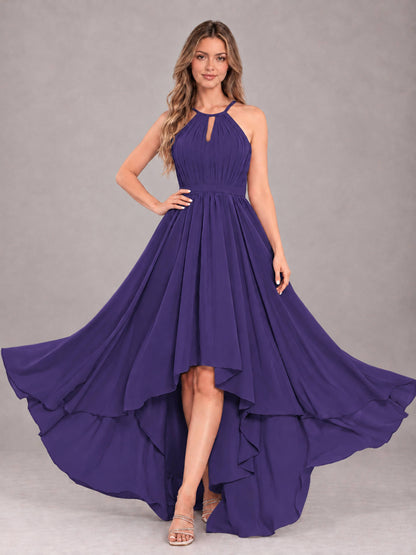 Regency Classy Halter Asymmetrical Bow Back Chiffon Bridesmaid Dress