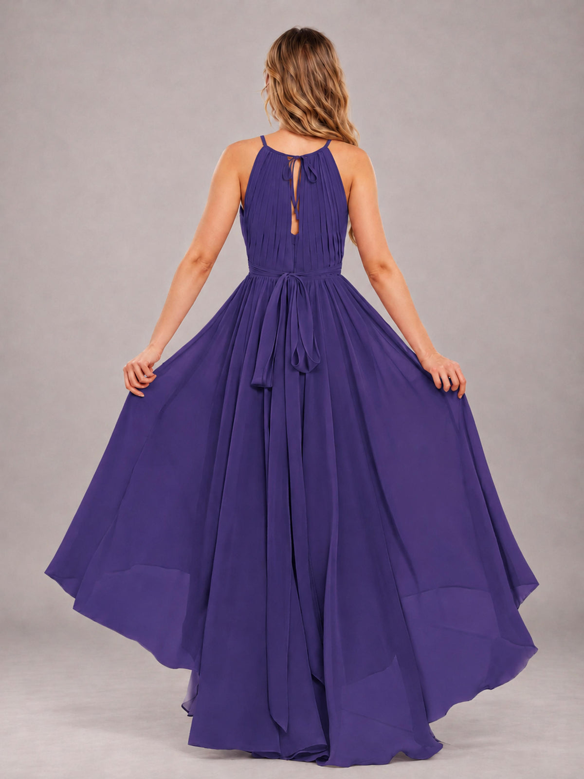 Regency Classy Halter Asymmetrical Bow Back Chiffon Bridesmaid Dress