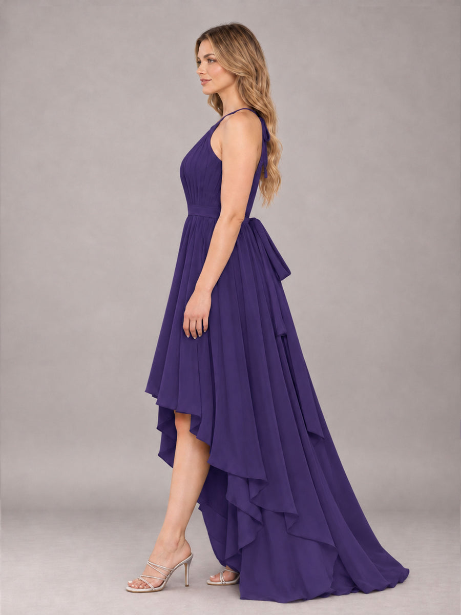 Regency Classy Halter Asymmetrical Bow Back Chiffon Bridesmaid Dress