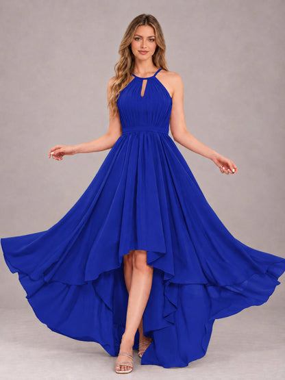 Royal Blue Classy Halter Asymmetrical Bow Back Chiffon Bridesmaid Dress