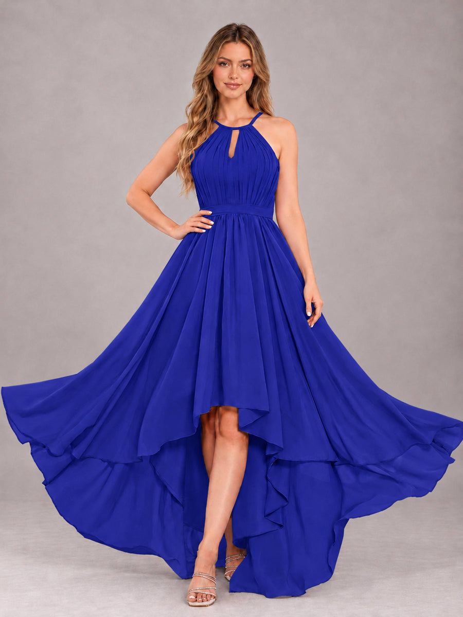 Royal Blue Classy Halter Asymmetrical Bow Back Chiffon Bridesmaid Dress