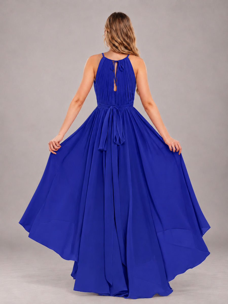 Royal Blue Classy Halter Asymmetrical Bow Back Chiffon Bridesmaid Dress