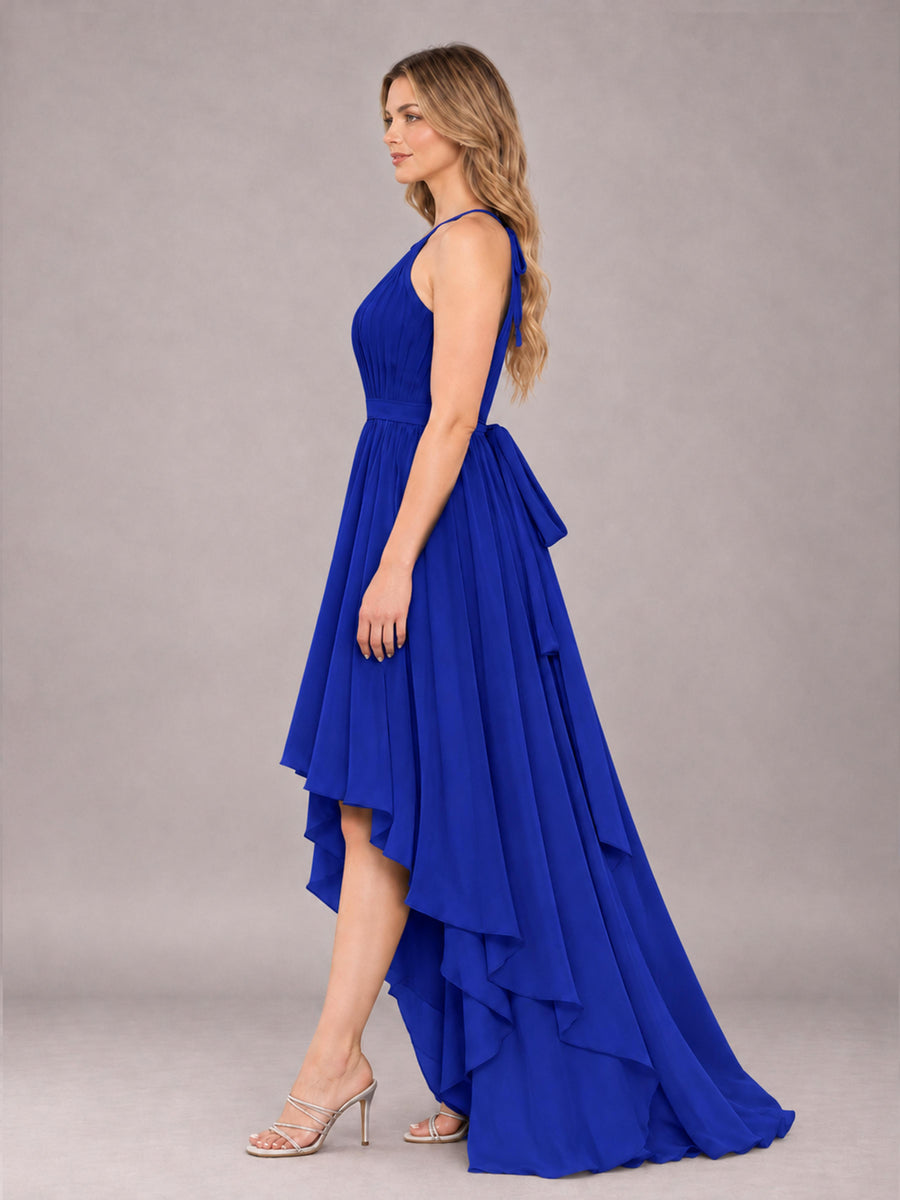 Royal Blue Classy Halter Asymmetrical Bow Back Chiffon Bridesmaid Dress