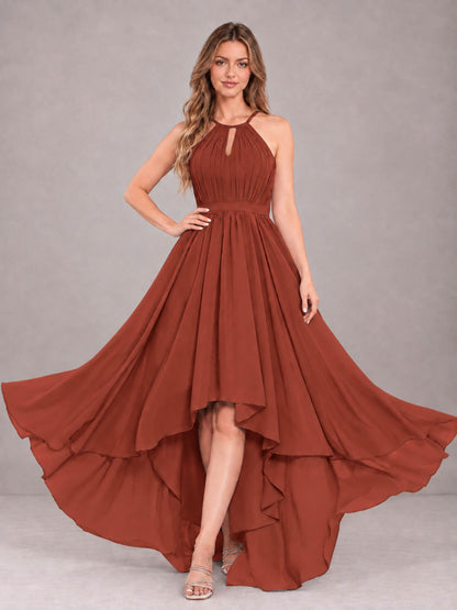 Rust Classy Halter Asymmetrical Bow Back Chiffon Bridesmaid Dress