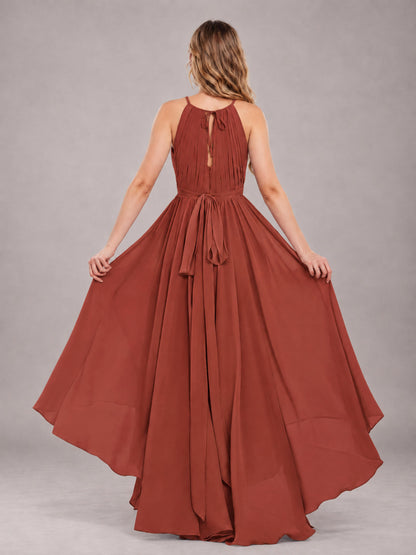 Rust Classy Halter Asymmetrical Bow Back Chiffon Bridesmaid Dress