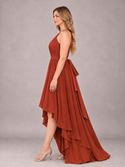 Rust Classy Halter Asymmetrical Bow Back Chiffon Bridesmaid Dress