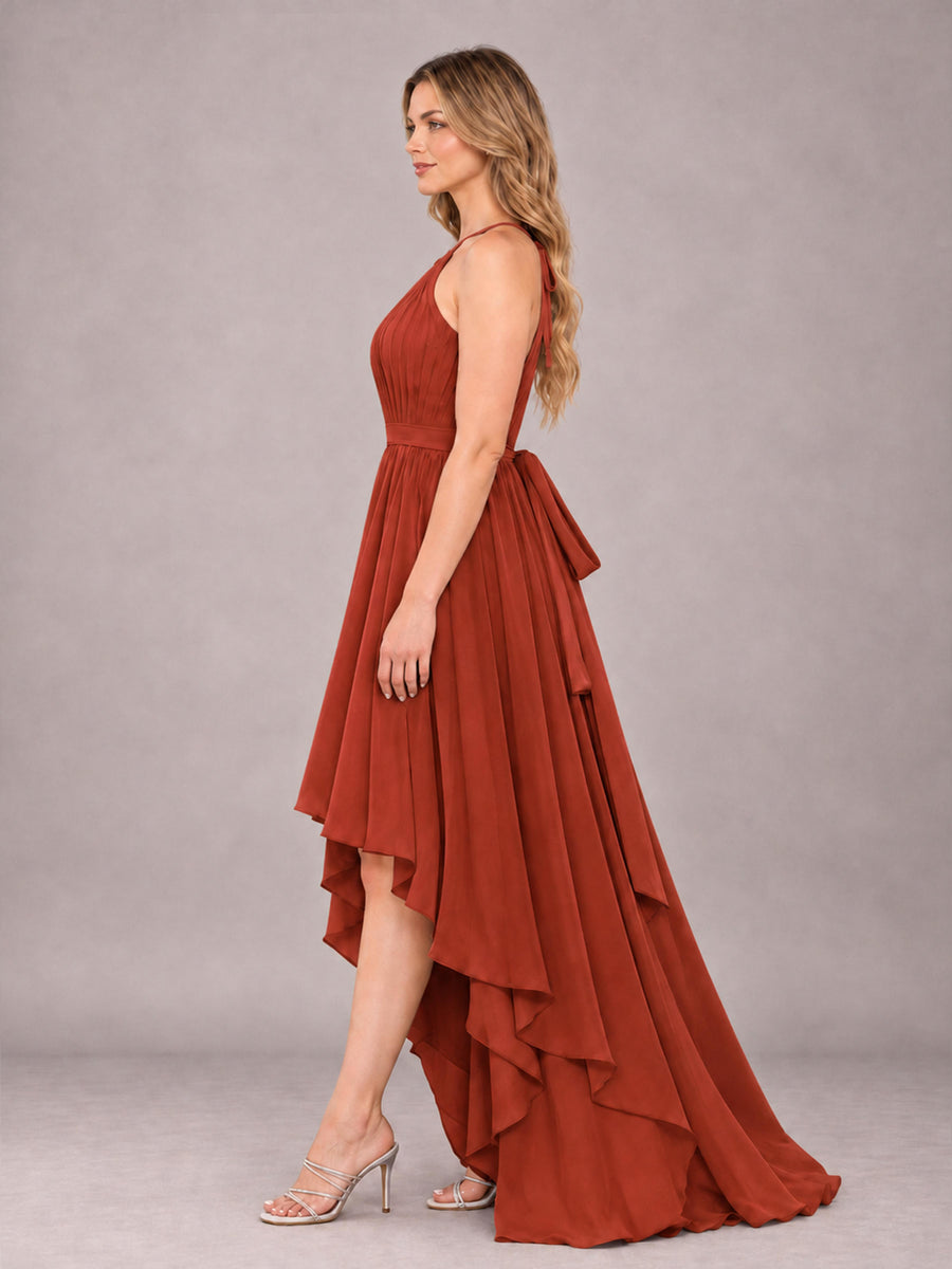 Rust Classy Halter Asymmetrical Bow Back Chiffon Bridesmaid Dress