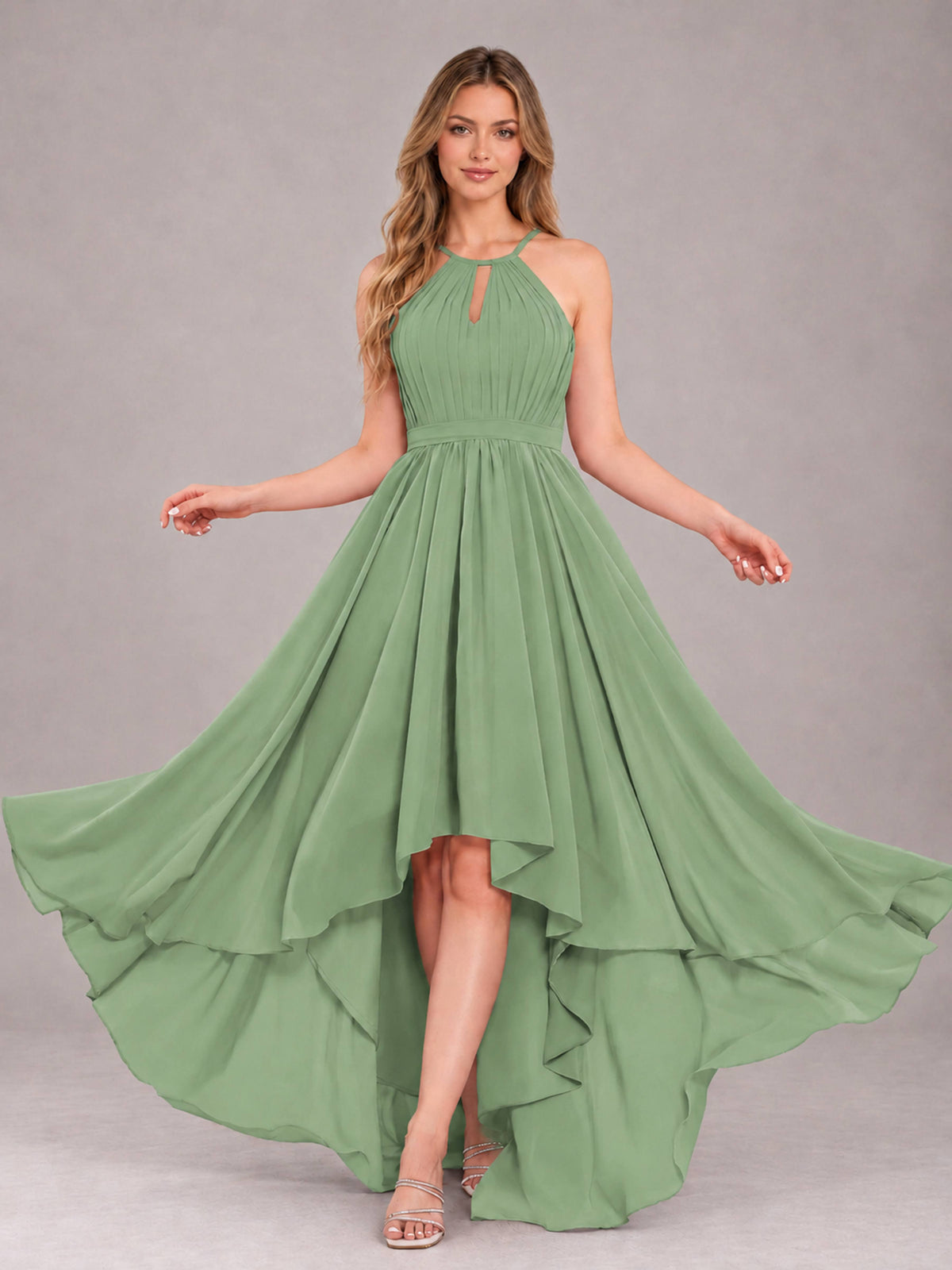 Sage Green Classy Halter Asymmetrical Bow Back Chiffon Bridesmaid Dress